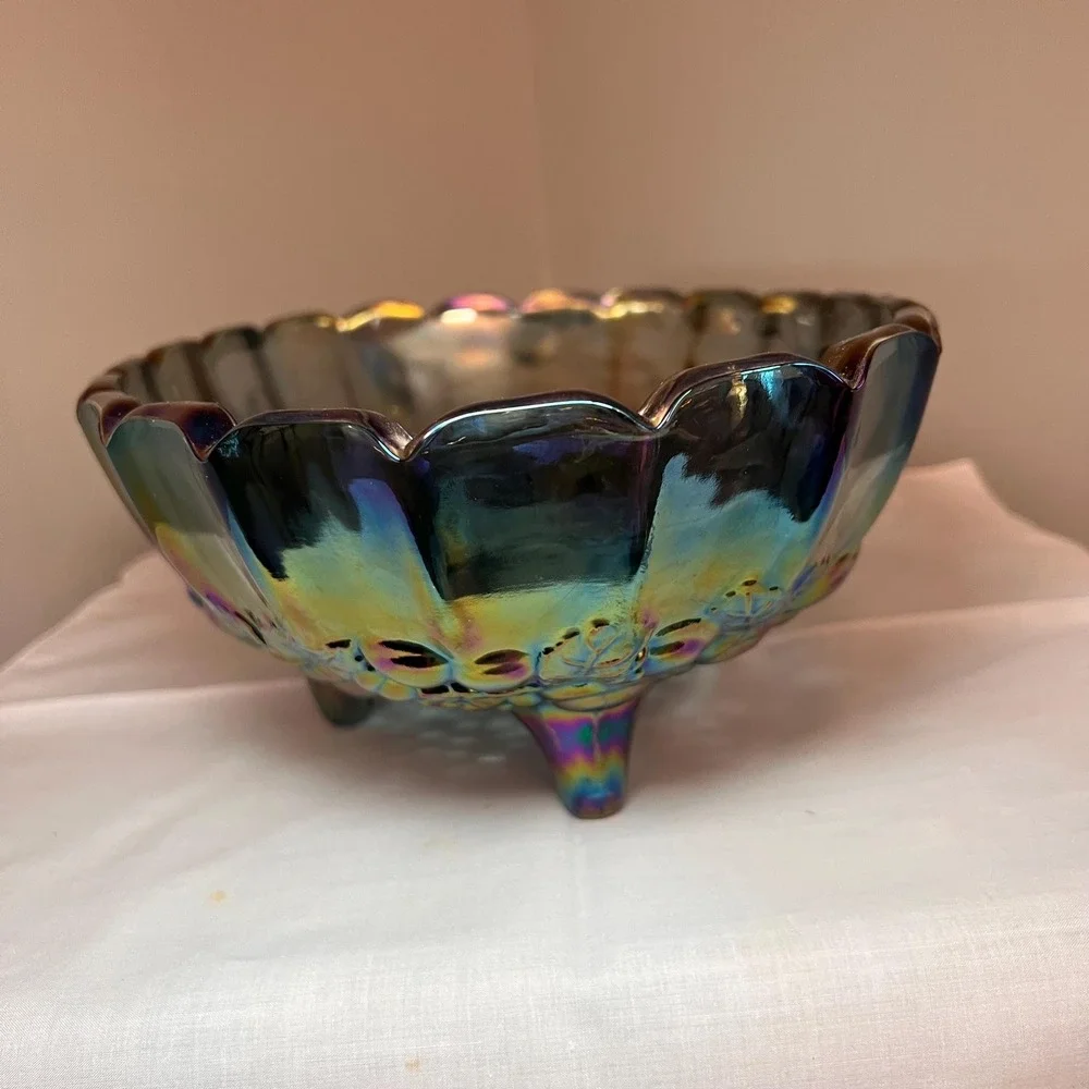 Vintage Carnival Glass Blue Iridescent Footed Fruit Bowl Harvest Pattern 12
